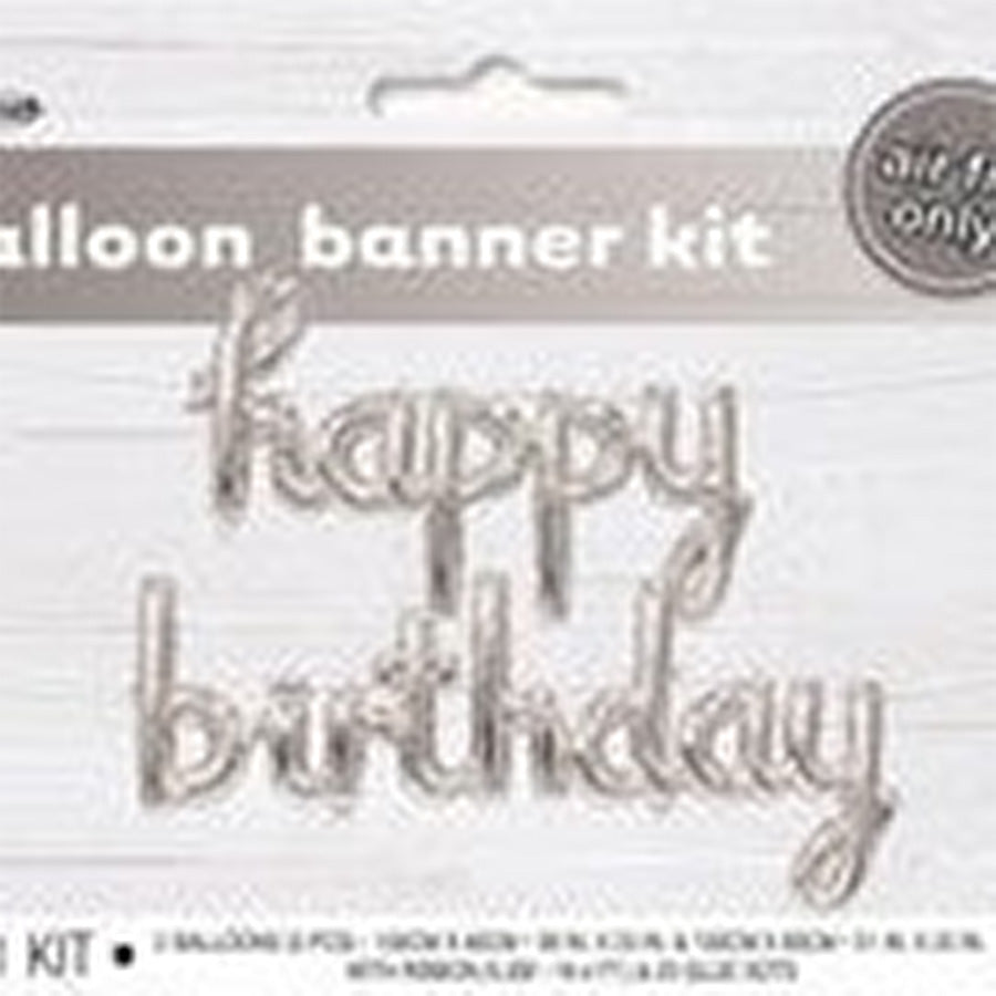 "Happy Birthday" Silver 100cm x 60cm (39" x 23") &amp; 130cm x 60cm (51" x 23") Balloon Banner With Ribbon