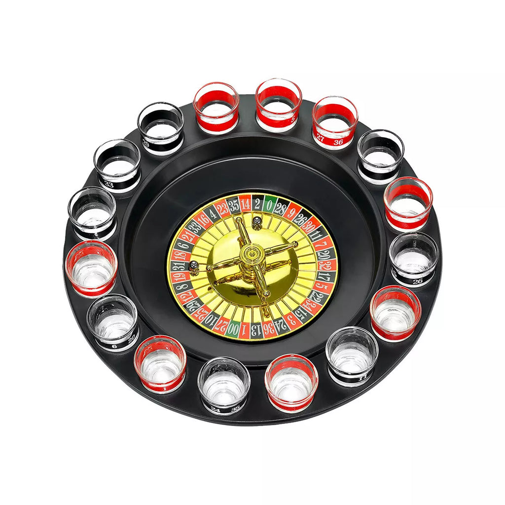 Drinking Party Game - Roulette Shots includes 16 Glass Shot Cups, 1 Ball and 1 Wheel