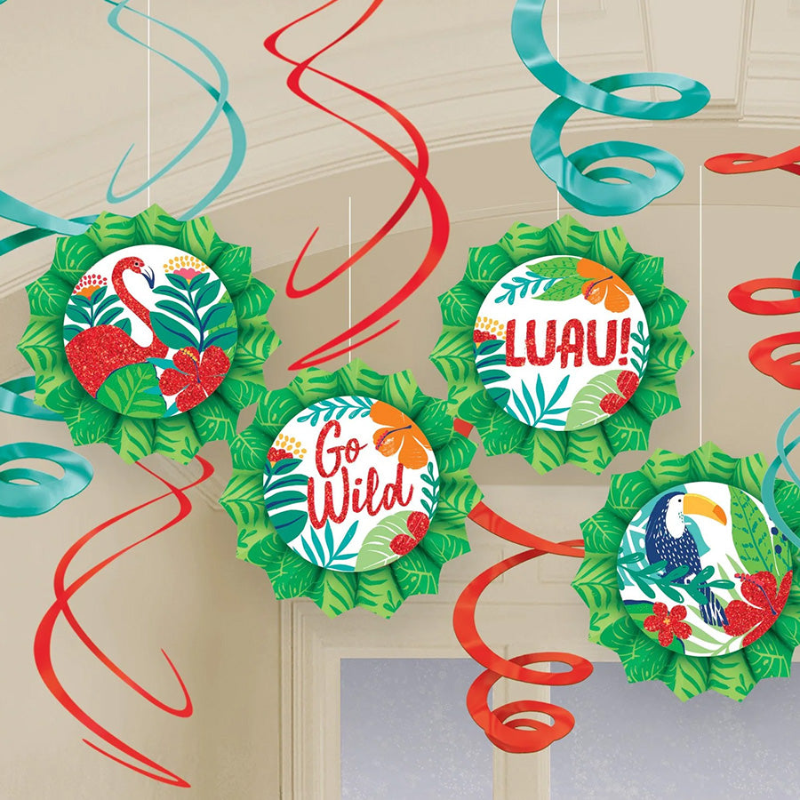 Tropical Jungle Hanging Glittered Fans &amp; Swirls Decorating Kit